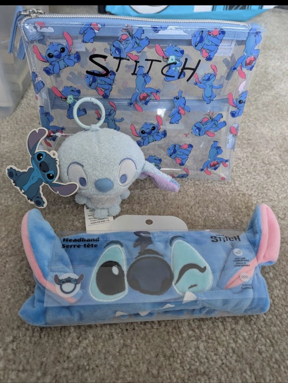 Disney Miniso Blue & Pink Stitch Plush Keychain, Headband and Clear Pouch Set